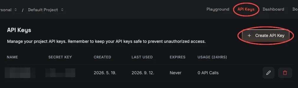 Groq API Keys — Create API Key 버튼(키는 가렸습니다)