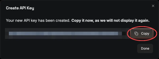 Groq 새 키 창 — Copy 버튼(키는 가렸습니다)